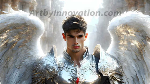 Male Angels of the Holy Divine - The Mighty & The Powerful: AI Fantasy Photos of Handsome Male Angels in Elegant Divine Armor, living in the golden city, with Vibrant Holy Wings. AI generated fantasy photos, of handsome male warrior angels, in divine armor with vibrant holy wings. Wearing ethereal or plate holy armor, and glistening golden gilded jewelry, emphasizing his god-like stature, vibrantly colored. Possessing grand feathered wings, that look like swords, these angel warriors are ready to battle on God's command. With men of all ages, races, and body types. In a city of gold, spiritual wonder city in the heavens, with ornate gold buildings, majestic gold architecture, ethereal cityscapes, and mystical waterfalls.