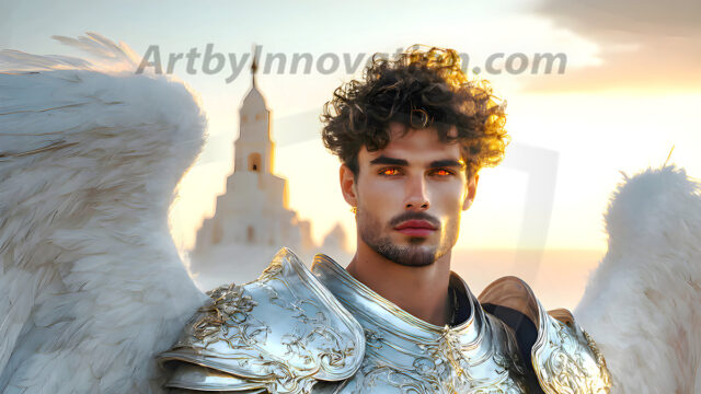 Male Angels of the Holy Divine - The Mighty & The Powerful: AI Fantasy Photos of Handsome Male Angels in Elegant Divine Armor, living in the golden city, with Vibrant Holy Wings. AI generated fantasy photos, of handsome male warrior angels, in divine armor with vibrant holy wings. Wearing ethereal or plate holy armor, and glistening golden gilded jewelry, emphasizing his god-like stature, vibrantly colored. Possessing grand feathered wings, that look like swords, these angel warriors are ready to battle on God's command. With men of all ages, races, and body types. In a city of gold, spiritual wonder city in the heavens, with ornate gold buildings, majestic gold architecture, ethereal cityscapes, and mystical waterfalls.