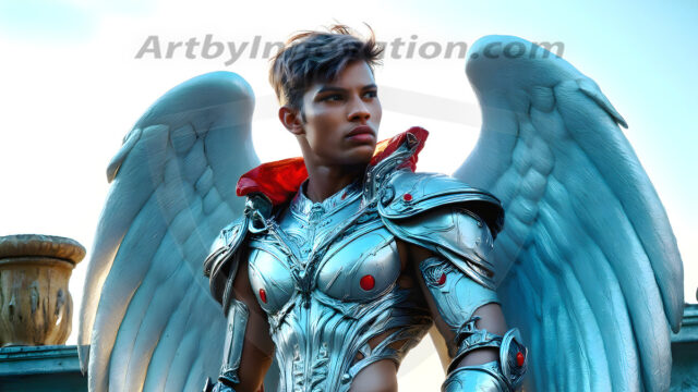 Male Angels of the Holy Divine - The Young & The Beautiful: AI Fantasy Photos of Handsome Male Angels in Elegant Divine Armor, living in the golden city, with Vibrant Holy Wings. AI generated fantasy photos, of handsome male warrior angels, in divine armor with vibrant holy wings. Wearing ethereal or plate holy armor, and glistening golden gilded jewelry, emphasizing his god-like stature, vibrantly colored. Possessing grand feathered wings, that look like swords, these angel warriors are ready to battle on God's command. With men of all ages, races, and body types. In a city of gold, spiritual wonder city in the heavens, with ornate gold buildings, majestic gold architecture, ethereal cityscapes, and mystical waterfalls.