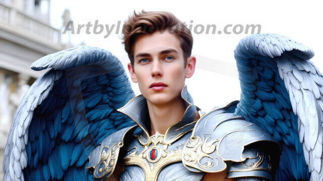 Male Angels of the Holy Divine - The Young & The Beautiful: AI Fantasy Photos of Handsome Male Angels in Elegant Divine Armor, living in the golden city, with Vibrant Holy Wings. AI generated fantasy photos, of handsome male warrior angels, in divine armor with vibrant holy wings. Wearing ethereal or plate holy armor, and glistening golden gilded jewelry, emphasizing his god-like stature, vibrantly colored. Possessing grand feathered wings, that look like swords, these angel warriors are ready to battle on God's command. With men of all ages, races, and body types. In a city of gold, spiritual wonder city in the heavens, with ornate gold buildings, majestic gold architecture, ethereal cityscapes, and mystical waterfalls.