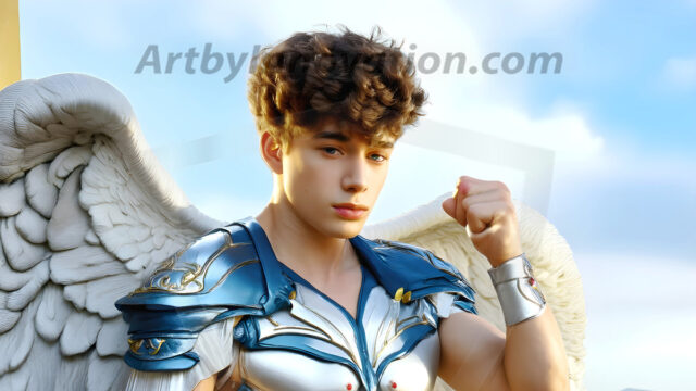 Male Angels of the Holy Divine - The Young & The Beautiful: AI Fantasy Photos of Handsome Male Angels in Elegant Divine Armor, living in the golden city, with Vibrant Holy Wings. AI generated fantasy photos, of handsome male warrior angels, in divine armor with vibrant holy wings. Wearing ethereal or plate holy armor, and glistening golden gilded jewelry, emphasizing his god-like stature, vibrantly colored. Possessing grand feathered wings, that look like swords, these angel warriors are ready to battle on God's command. With men of all ages, races, and body types. In a city of gold, spiritual wonder city in the heavens, with ornate gold buildings, majestic gold architecture, ethereal cityscapes, and mystical waterfalls.