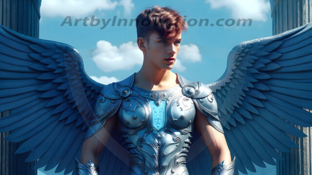 Male Angels of the Holy Divine - The Young & The Beautiful: AI Fantasy Photos of Handsome Male Angels in Elegant Divine Armor, living in the golden city, with Vibrant Holy Wings. AI generated fantasy photos, of handsome male warrior angels, in divine armor with vibrant holy wings. Wearing ethereal or plate holy armor, and glistening golden gilded jewelry, emphasizing his god-like stature, vibrantly colored. Possessing grand feathered wings, that look like swords, these angel warriors are ready to battle on God's command. With men of all ages, races, and body types. In a city of gold, spiritual wonder city in the heavens, with ornate gold buildings, majestic gold architecture, ethereal cityscapes, and mystical waterfalls.