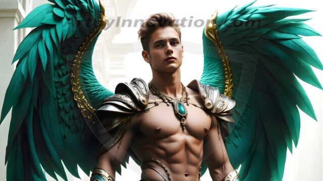 Male Angels of the Holy Divine - The Young & The Beautiful: AI Fantasy Photos of Handsome Male Angels in Elegant Divine Armor, living in the golden city, with Vibrant Holy Wings. AI generated fantasy photos, of handsome male warrior angels, in divine armor with vibrant holy wings. Wearing ethereal or plate holy armor, and glistening golden gilded jewelry, emphasizing his god-like stature, vibrantly colored. Possessing grand feathered wings, that look like swords, these angel warriors are ready to battle on God's command. With men of all ages, races, and body types. In a city of gold, spiritual wonder city in the heavens, with ornate gold buildings, majestic gold architecture, ethereal cityscapes, and mystical waterfalls.