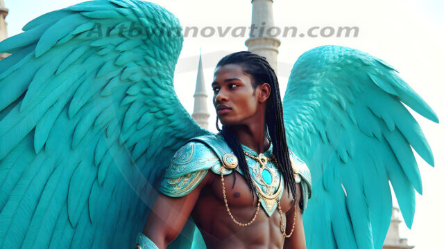 Male Angels of the Holy Divine - The Young & The Beautiful: AI Fantasy Photos of Handsome Male Angels in Elegant Divine Armor, living in the golden city, with Vibrant Holy Wings. AI generated fantasy photos, of handsome male warrior angels, in divine armor with vibrant holy wings. Wearing ethereal or plate holy armor, and glistening golden gilded jewelry, emphasizing his god-like stature, vibrantly colored. Possessing grand feathered wings, that look like swords, these angel warriors are ready to battle on God's command. With men of all ages, races, and body types. In a city of gold, spiritual wonder city in the heavens, with ornate gold buildings, majestic gold architecture, ethereal cityscapes, and mystical waterfalls.