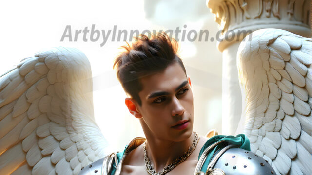 Male Angels of the Holy Divine - The Young & The Beautiful: AI Fantasy Photos of Handsome Male Angels in Elegant Divine Armor, living in the golden city, with Vibrant Holy Wings. AI generated fantasy photos, of handsome male warrior angels, in divine armor with vibrant holy wings. Wearing ethereal or plate holy armor, and glistening golden gilded jewelry, emphasizing his god-like stature, vibrantly colored. Possessing grand feathered wings, that look like swords, these angel warriors are ready to battle on God's command. With men of all ages, races, and body types. In a city of gold, spiritual wonder city in the heavens, with ornate gold buildings, majestic gold architecture, ethereal cityscapes, and mystical waterfalls.