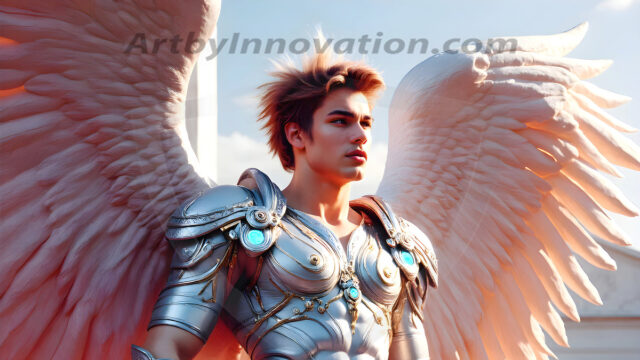 Male Angels of the Holy Divine - The Young & The Beautiful: AI Fantasy Photos of Handsome Male Angels in Elegant Divine Armor, living in the golden city, with Vibrant Holy Wings. AI generated fantasy photos, of handsome male warrior angels, in divine armor with vibrant holy wings. Wearing ethereal or plate holy armor, and glistening golden gilded jewelry, emphasizing his god-like stature, vibrantly colored. Possessing grand feathered wings, that look like swords, these angel warriors are ready to battle on God's command. With men of all ages, races, and body types. In a city of gold, spiritual wonder city in the heavens, with ornate gold buildings, majestic gold architecture, ethereal cityscapes, and mystical waterfalls.
