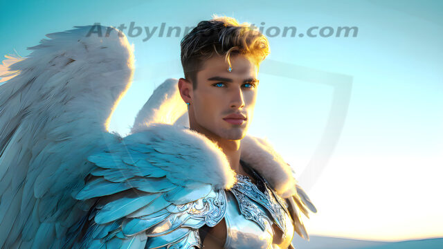 Male Angels of the Holy Divine - The Young & The Beautiful: AI Fantasy Photos of Handsome Male Angels in Elegant Divine Armor, living in the golden city, with Vibrant Holy Wings. AI generated fantasy photos, of handsome male warrior angels, in divine armor with vibrant holy wings. Wearing ethereal or plate holy armor, and glistening golden gilded jewelry, emphasizing his god-like stature, vibrantly colored. Possessing grand feathered wings, that look like swords, these angel warriors are ready to battle on God's command. With men of all ages, races, and body types. In a city of gold, spiritual wonder city in the heavens, with ornate gold buildings, majestic gold architecture, ethereal cityscapes, and mystical waterfalls.