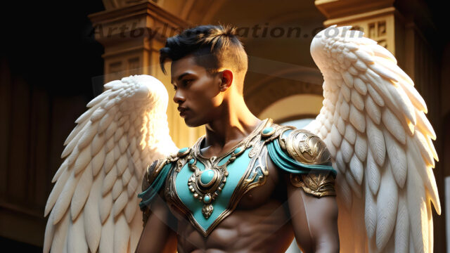 Male Angels of the Holy Divine - The Young & The Beautiful: AI Fantasy Photos of Handsome Male Angels in Elegant Divine Armor, living in the golden city, with Vibrant Holy Wings. AI generated fantasy photos, of handsome male warrior angels, in divine armor with vibrant holy wings. Wearing ethereal or plate holy armor, and glistening golden gilded jewelry, emphasizing his god-like stature, vibrantly colored. Possessing grand feathered wings, that look like swords, these angel warriors are ready to battle on God's command. With men of all ages, races, and body types. In a city of gold, spiritual wonder city in the heavens, with ornate gold buildings, majestic gold architecture, ethereal cityscapes, and mystical waterfalls.