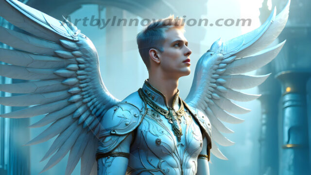 Male Angels of the Holy Divine - The Young & The Beautiful: AI Fantasy Photos of Handsome Male Angels in Elegant Divine Armor, living in the golden city, with Vibrant Holy Wings. AI generated fantasy photos, of handsome male warrior angels, in divine armor with vibrant holy wings. Wearing ethereal or plate holy armor, and glistening golden gilded jewelry, emphasizing his god-like stature, vibrantly colored. Possessing grand feathered wings, that look like swords, these angel warriors are ready to battle on God's command. With men of all ages, races, and body types. In a city of gold, spiritual wonder city in the heavens, with ornate gold buildings, majestic gold architecture, ethereal cityscapes, and mystical waterfalls.