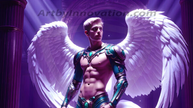 Male Angels of the Holy Divine - The Young & The Beautiful: AI Fantasy Photos of Handsome Male Angels in Elegant Divine Armor, living in the golden city, with Vibrant Holy Wings. AI generated fantasy photos, of handsome male warrior angels, in divine armor with vibrant holy wings. Wearing ethereal or plate holy armor, and glistening golden gilded jewelry, emphasizing his god-like stature, vibrantly colored. Possessing grand feathered wings, that look like swords, these angel warriors are ready to battle on God's command. With men of all ages, races, and body types. In a city of gold, spiritual wonder city in the heavens, with ornate gold buildings, majestic gold architecture, ethereal cityscapes, and mystical waterfalls.