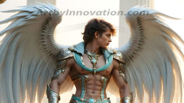 Male Angels of the Holy Divine - The Young & The Beautiful: AI Fantasy Photos of Handsome Male Angels in Elegant Divine Armor, living in the golden city, with Vibrant Holy Wings. AI generated fantasy photos, of handsome male warrior angels, in divine armor with vibrant holy wings. Wearing ethereal or plate holy armor, and glistening golden gilded jewelry, emphasizing his god-like stature, vibrantly colored. Possessing grand feathered wings, that look like swords, these angel warriors are ready to battle on God's command. With men of all ages, races, and body types. In a city of gold, spiritual wonder city in the heavens, with ornate gold buildings, majestic gold architecture, ethereal cityscapes, and mystical waterfalls.