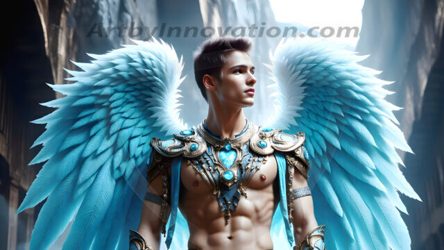 Male Angels of the Holy Divine - The Young & The Beautiful: AI Fantasy Photos of Handsome Male Angels in Elegant Divine Armor, living in the golden city, with Vibrant Holy Wings. AI generated fantasy photos, of handsome male warrior angels, in divine armor with vibrant holy wings. Wearing ethereal or plate holy armor, and glistening golden gilded jewelry, emphasizing his god-like stature, vibrantly colored. Possessing grand feathered wings, that look like swords, these angel warriors are ready to battle on God's command. With men of all ages, races, and body types. In a city of gold, spiritual wonder city in the heavens, with ornate gold buildings, majestic gold architecture, ethereal cityscapes, and mystical waterfalls.