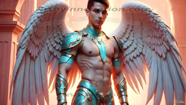 Male Angels of the Holy Divine - The Young & The Beautiful: AI Fantasy Photos of Handsome Male Angels in Elegant Divine Armor, living in the golden city, with Vibrant Holy Wings. AI generated fantasy photos, of handsome male warrior angels, in divine armor with vibrant holy wings. Wearing ethereal or plate holy armor, and glistening golden gilded jewelry, emphasizing his god-like stature, vibrantly colored. Possessing grand feathered wings, that look like swords, these angel warriors are ready to battle on God's command. With men of all ages, races, and body types. In a city of gold, spiritual wonder city in the heavens, with ornate gold buildings, majestic gold architecture, ethereal cityscapes, and mystical waterfalls.
