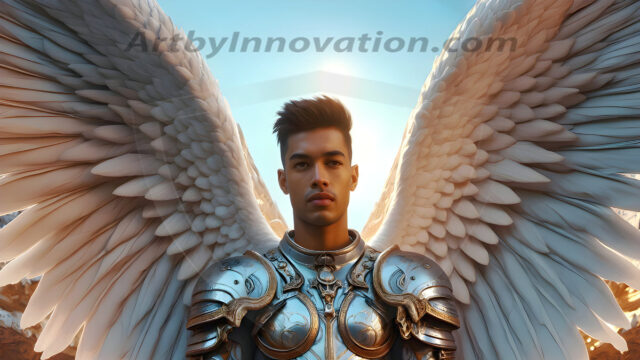 Male Angels of the Holy Divine - The Young & The Beautiful: AI Fantasy Photos of Handsome Male Angels in Elegant Divine Armor, living in the golden city, with Vibrant Holy Wings. AI generated fantasy photos, of handsome male warrior angels, in divine armor with vibrant holy wings. Wearing ethereal or plate holy armor, and glistening golden gilded jewelry, emphasizing his god-like stature, vibrantly colored. Possessing grand feathered wings, that look like swords, these angel warriors are ready to battle on God's command. With men of all ages, races, and body types. In a city of gold, spiritual wonder city in the heavens, with ornate gold buildings, majestic gold architecture, ethereal cityscapes, and mystical waterfalls.
