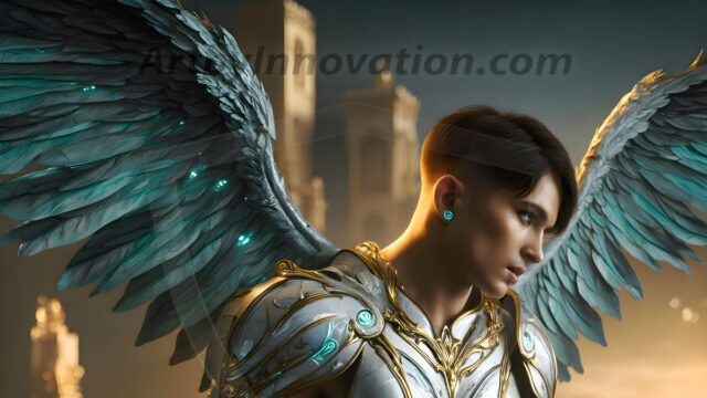 Male Angels of the Holy Divine - The Young & The Beautiful: AI Fantasy Photos of Handsome Male Angels in Elegant Divine Armor, living in the golden city, with Vibrant Holy Wings. AI generated fantasy photos, of handsome male warrior angels, in divine armor with vibrant holy wings. Wearing ethereal or plate holy armor, and glistening golden gilded jewelry, emphasizing his god-like stature, vibrantly colored. Possessing grand feathered wings, that look like swords, these angel warriors are ready to battle on God's command. With men of all ages, races, and body types. In a city of gold, spiritual wonder city in the heavens, with ornate gold buildings, majestic gold architecture, ethereal cityscapes, and mystical waterfalls.