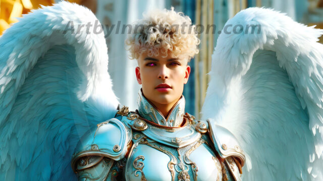 Male Angels of the Holy Divine - The Young & The Beautiful: AI Fantasy Photos of Handsome Male Angels in Elegant Divine Armor, living in the golden city, with Vibrant Holy Wings. AI generated fantasy photos, of handsome male warrior angels, in divine armor with vibrant holy wings. Wearing ethereal or plate holy armor, and glistening golden gilded jewelry, emphasizing his god-like stature, vibrantly colored. Possessing grand feathered wings, that look like swords, these angel warriors are ready to battle on God's command. With men of all ages, races, and body types. In a city of gold, spiritual wonder city in the heavens, with ornate gold buildings, majestic gold architecture, ethereal cityscapes, and mystical waterfalls.