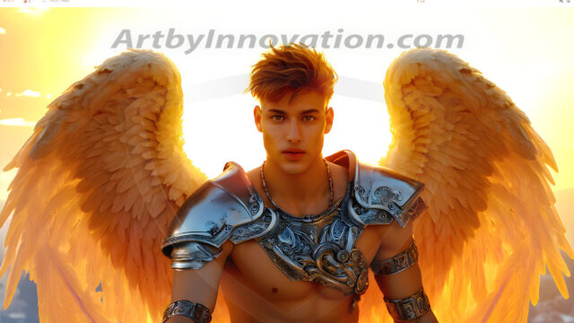Male Angels of the Holy Divine - The Young & The Beautiful: AI Fantasy Photos of Handsome Male Angels in Elegant Divine Armor, living in the golden city, with Vibrant Holy Wings. AI generated fantasy photos, of handsome male warrior angels, in divine armor with vibrant holy wings. Wearing ethereal or plate holy armor, and glistening golden gilded jewelry, emphasizing his god-like stature, vibrantly colored. Possessing grand feathered wings, that look like swords, these angel warriors are ready to battle on God's command. With men of all ages, races, and body types. In a city of gold, spiritual wonder city in the heavens, with ornate gold buildings, majestic gold architecture, ethereal cityscapes, and mystical waterfalls.