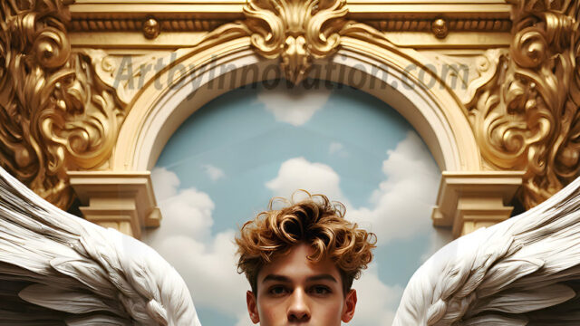 Male Angels of the Holy Divine - The Young & The Beautiful: AI Fantasy Photos of Handsome Male Angels in Elegant Divine Armor, living in the golden city, with Vibrant Holy Wings. AI generated fantasy photos, of handsome male warrior angels, in divine armor with vibrant holy wings. Wearing ethereal or plate holy armor, and glistening golden gilded jewelry, emphasizing his god-like stature, vibrantly colored. Possessing grand feathered wings, that look like swords, these angel warriors are ready to battle on God's command. With men of all ages, races, and body types. In a city of gold, spiritual wonder city in the heavens, with ornate gold buildings, majestic gold architecture, ethereal cityscapes, and mystical waterfalls.