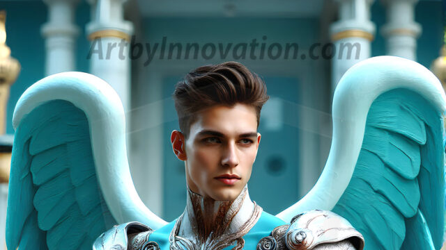 Male Angels of the Holy Divine - The Young & The Beautiful: AI Fantasy Photos of Handsome Male Angels in Elegant Divine Armor, living in the golden city, with Vibrant Holy Wings. AI generated fantasy photos, of handsome male warrior angels, in divine armor with vibrant holy wings. Wearing ethereal or plate holy armor, and glistening golden gilded jewelry, emphasizing his god-like stature, vibrantly colored. Possessing grand feathered wings, that look like swords, these angel warriors are ready to battle on God's command. With men of all ages, races, and body types. In a city of gold, spiritual wonder city in the heavens, with ornate gold buildings, majestic gold architecture, ethereal cityscapes, and mystical waterfalls.