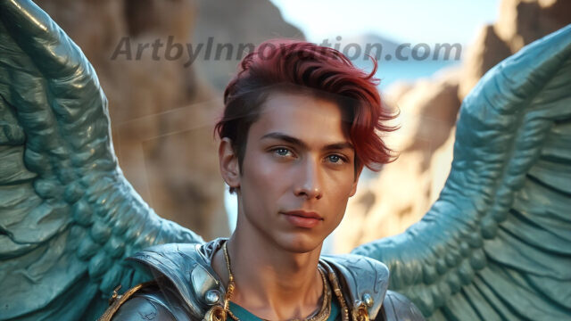 Male Angels of the Holy Divine - The Young & The Beautiful: AI Fantasy Photos of Handsome Male Angels in Elegant Divine Armor, living in the golden city, with Vibrant Holy Wings. AI generated fantasy photos, of handsome male warrior angels, in divine armor with vibrant holy wings. Wearing ethereal or plate holy armor, and glistening golden gilded jewelry, emphasizing his god-like stature, vibrantly colored. Possessing grand feathered wings, that look like swords, these angel warriors are ready to battle on God's command. With men of all ages, races, and body types. In a city of gold, spiritual wonder city in the heavens, with ornate gold buildings, majestic gold architecture, ethereal cityscapes, and mystical waterfalls.