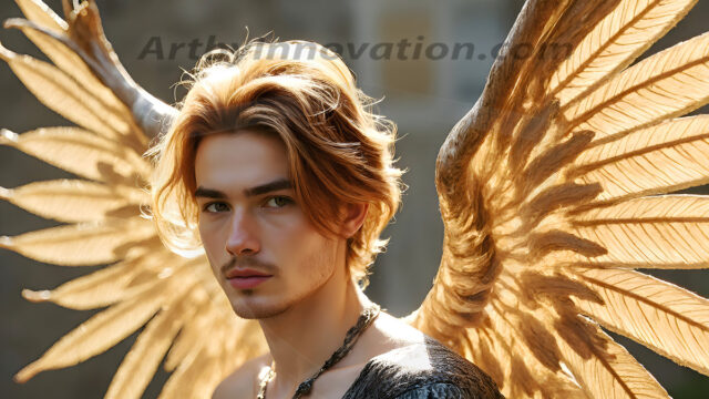 Male Angels of the Holy Divine - The Young & The Beautiful: AI Fantasy Photos of Handsome Male Angels in Elegant Divine Armor, living in the golden city, with Vibrant Holy Wings. AI generated fantasy photos, of handsome male warrior angels, in divine armor with vibrant holy wings. Wearing ethereal or plate holy armor, and glistening golden gilded jewelry, emphasizing his god-like stature, vibrantly colored. Possessing grand feathered wings, that look like swords, these angel warriors are ready to battle on God's command. With men of all ages, races, and body types. In a city of gold, spiritual wonder city in the heavens, with ornate gold buildings, majestic gold architecture, ethereal cityscapes, and mystical waterfalls.