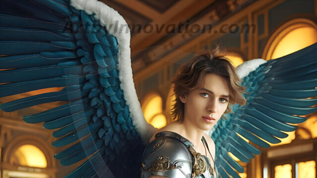 Male Angels of the Holy Divine - The Young & The Beautiful: AI Fantasy Photos of Handsome Male Angels in Elegant Divine Armor, living in the golden city, with Vibrant Holy Wings. AI generated fantasy photos, of handsome male warrior angels, in divine armor with vibrant holy wings. Wearing ethereal or plate holy armor, and glistening golden gilded jewelry, emphasizing his god-like stature, vibrantly colored. Possessing grand feathered wings, that look like swords, these angel warriors are ready to battle on God's command. With men of all ages, races, and body types. In a city of gold, spiritual wonder city in the heavens, with ornate gold buildings, majestic gold architecture, ethereal cityscapes, and mystical waterfalls.