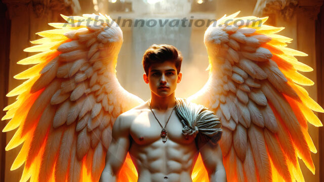 Male Angels of the Holy Divine - The Young & The Beautiful: AI Fantasy Photos of Handsome Male Angels in Elegant Divine Armor, living in the golden city, with Vibrant Holy Wings. AI generated fantasy photos, of handsome male warrior angels, in divine armor with vibrant holy wings. Wearing ethereal or plate holy armor, and glistening golden gilded jewelry, emphasizing his god-like stature, vibrantly colored. Possessing grand feathered wings, that look like swords, these angel warriors are ready to battle on God's command. With men of all ages, races, and body types. In a city of gold, spiritual wonder city in the heavens, with ornate gold buildings, majestic gold architecture, ethereal cityscapes, and mystical waterfalls.