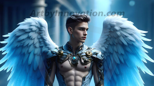 Male Angels of the Holy Divine - The Young & The Beautiful: AI Fantasy Photos of Handsome Male Angels in Elegant Divine Armor, living in the golden city, with Vibrant Holy Wings. AI generated fantasy photos, of handsome male warrior angels, in divine armor with vibrant holy wings. Wearing ethereal or plate holy armor, and glistening golden gilded jewelry, emphasizing his god-like stature, vibrantly colored. Possessing grand feathered wings, that look like swords, these angel warriors are ready to battle on God's command. With men of all ages, races, and body types. In a city of gold, spiritual wonder city in the heavens, with ornate gold buildings, majestic gold architecture, ethereal cityscapes, and mystical waterfalls.