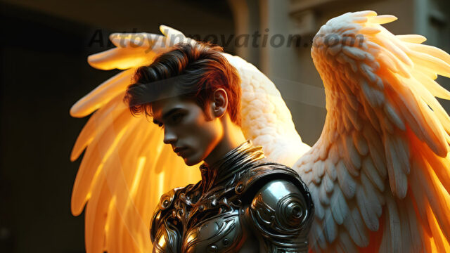 Male Angels of the Holy Divine - The Young & The Beautiful: AI Fantasy Photos of Handsome Male Angels in Elegant Divine Armor, living in the golden city, with Vibrant Holy Wings. AI generated fantasy photos, of handsome male warrior angels, in divine armor with vibrant holy wings. Wearing ethereal or plate holy armor, and glistening golden gilded jewelry, emphasizing his god-like stature, vibrantly colored. Possessing grand feathered wings, that look like swords, these angel warriors are ready to battle on God's command. With men of all ages, races, and body types. In a city of gold, spiritual wonder city in the heavens, with ornate gold buildings, majestic gold architecture, ethereal cityscapes, and mystical waterfalls.