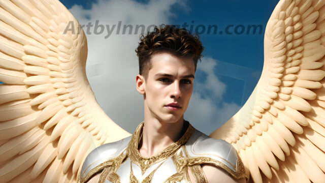 Male Angels of the Holy Divine - The Young & The Beautiful: AI Fantasy Photos of Handsome Male Angels in Elegant Divine Armor, living in the golden city, with Vibrant Holy Wings. AI generated fantasy photos, of handsome male warrior angels, in divine armor with vibrant holy wings. Wearing ethereal or plate holy armor, and glistening golden gilded jewelry, emphasizing his god-like stature, vibrantly colored. Possessing grand feathered wings, that look like swords, these angel warriors are ready to battle on God's command. With men of all ages, races, and body types. In a city of gold, spiritual wonder city in the heavens, with ornate gold buildings, majestic gold architecture, ethereal cityscapes, and mystical waterfalls.