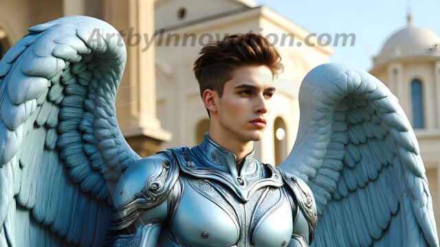 Male Angels of the Holy Divine - The Young & The Beautiful: AI Fantasy Photos of Handsome Male Angels in Elegant Divine Armor, living in the golden city, with Vibrant Holy Wings. AI generated fantasy photos, of handsome male warrior angels, in divine armor with vibrant holy wings. Wearing ethereal or plate holy armor, and glistening golden gilded jewelry, emphasizing his god-like stature, vibrantly colored. Possessing grand feathered wings, that look like swords, these angel warriors are ready to battle on God's command. With men of all ages, races, and body types. In a city of gold, spiritual wonder city in the heavens, with ornate gold buildings, majestic gold architecture, ethereal cityscapes, and mystical waterfalls.