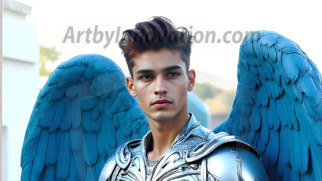 Male Angels of the Holy Divine - The Young & The Beautiful: AI Fantasy Photos of Handsome Male Angels in Elegant Divine Armor, living in the golden city, with Vibrant Holy Wings. AI generated fantasy photos, of handsome male warrior angels, in divine armor with vibrant holy wings. Wearing ethereal or plate holy armor, and glistening golden gilded jewelry, emphasizing his god-like stature, vibrantly colored. Possessing grand feathered wings, that look like swords, these angel warriors are ready to battle on God's command. With men of all ages, races, and body types. In a city of gold, spiritual wonder city in the heavens, with ornate gold buildings, majestic gold architecture, ethereal cityscapes, and mystical waterfalls.