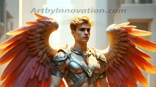 Male Angels of the Holy Divine - The Young & The Beautiful: AI Fantasy Photos of Handsome Male Angels in Elegant Divine Armor, living in the golden city, with Vibrant Holy Wings. AI generated fantasy photos, of handsome male warrior angels, in divine armor with vibrant holy wings. Wearing ethereal or plate holy armor, and glistening golden gilded jewelry, emphasizing his god-like stature, vibrantly colored. Possessing grand feathered wings, that look like swords, these angel warriors are ready to battle on God's command. With men of all ages, races, and body types. In a city of gold, spiritual wonder city in the heavens, with ornate gold buildings, majestic gold architecture, ethereal cityscapes, and mystical waterfalls.