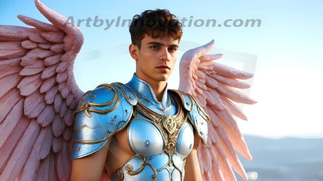 Male Angels of the Holy Divine - The Young & The Beautiful: AI Fantasy Photos of Handsome Male Angels in Elegant Divine Armor, living in the golden city, with Vibrant Holy Wings. AI generated fantasy photos, of handsome male warrior angels, in divine armor with vibrant holy wings. Wearing ethereal or plate holy armor, and glistening golden gilded jewelry, emphasizing his god-like stature, vibrantly colored. Possessing grand feathered wings, that look like swords, these angel warriors are ready to battle on God's command. With men of all ages, races, and body types. In a city of gold, spiritual wonder city in the heavens, with ornate gold buildings, majestic gold architecture, ethereal cityscapes, and mystical waterfalls.