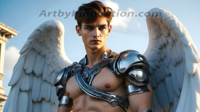 Male Angels of the Holy Divine - The Young & The Beautiful: AI Fantasy Photos of Handsome Male Angels in Elegant Divine Armor, living in the golden city, with Vibrant Holy Wings. AI generated fantasy photos, of handsome male warrior angels, in divine armor with vibrant holy wings. Wearing ethereal or plate holy armor, and glistening golden gilded jewelry, emphasizing his god-like stature, vibrantly colored. Possessing grand feathered wings, that look like swords, these angel warriors are ready to battle on God's command. With men of all ages, races, and body types. In a city of gold, spiritual wonder city in the heavens, with ornate gold buildings, majestic gold architecture, ethereal cityscapes, and mystical waterfalls.
