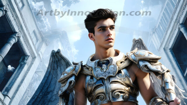 Male Angels of the Holy Divine - The Young & The Beautiful: AI Fantasy Photos of Handsome Male Angels in Elegant Divine Armor, living in the golden city, with Vibrant Holy Wings. AI generated fantasy photos, of handsome male warrior angels, in divine armor with vibrant holy wings. Wearing ethereal or plate holy armor, and glistening golden gilded jewelry, emphasizing his god-like stature, vibrantly colored. Possessing grand feathered wings, that look like swords, these angel warriors are ready to battle on God's command. With men of all ages, races, and body types. In a city of gold, spiritual wonder city in the heavens, with ornate gold buildings, majestic gold architecture, ethereal cityscapes, and mystical waterfalls.