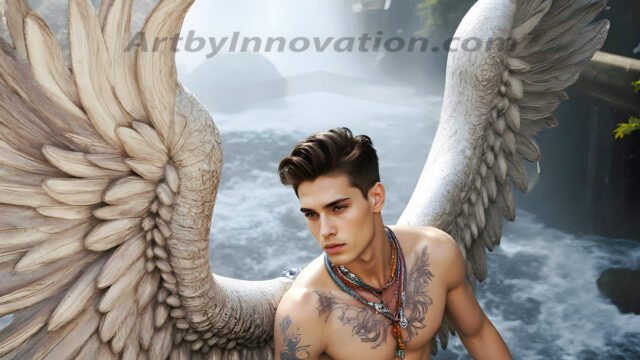 Male Angels of the Holy Divine - The Young & The Beautiful: AI Fantasy Photos of Handsome Male Angels in Elegant Divine Armor, living in the golden city, with Vibrant Holy Wings. AI generated fantasy photos, of handsome male warrior angels, in divine armor with vibrant holy wings. Wearing ethereal or plate holy armor, and glistening golden gilded jewelry, emphasizing his god-like stature, vibrantly colored. Possessing grand feathered wings, that look like swords, these angel warriors are ready to battle on God's command. With men of all ages, races, and body types. In a city of gold, spiritual wonder city in the heavens, with ornate gold buildings, majestic gold architecture, ethereal cityscapes, and mystical waterfalls.