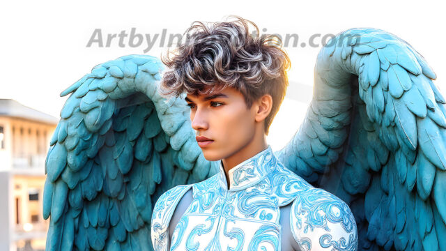 Male Angels of the Holy Divine - The Young & The Beautiful: AI Fantasy Photos of Handsome Male Angels in Elegant Divine Armor, living in the golden city, with Vibrant Holy Wings. AI generated fantasy photos, of handsome male warrior angels, in divine armor with vibrant holy wings. Wearing ethereal or plate holy armor, and glistening golden gilded jewelry, emphasizing his god-like stature, vibrantly colored. Possessing grand feathered wings, that look like swords, these angel warriors are ready to battle on God's command. With men of all ages, races, and body types. In a city of gold, spiritual wonder city in the heavens, with ornate gold buildings, majestic gold architecture, ethereal cityscapes, and mystical waterfalls.
