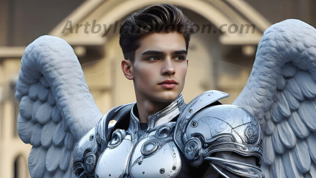 Male Angels of the Holy Divine - The Young & The Beautiful: AI Fantasy Photos of Handsome Male Angels in Elegant Divine Armor, living in the golden city, with Vibrant Holy Wings. AI generated fantasy photos, of handsome male warrior angels, in divine armor with vibrant holy wings. Wearing ethereal or plate holy armor, and glistening golden gilded jewelry, emphasizing his god-like stature, vibrantly colored. Possessing grand feathered wings, that look like swords, these angel warriors are ready to battle on God's command. With men of all ages, races, and body types. In a city of gold, spiritual wonder city in the heavens, with ornate gold buildings, majestic gold architecture, ethereal cityscapes, and mystical waterfalls.