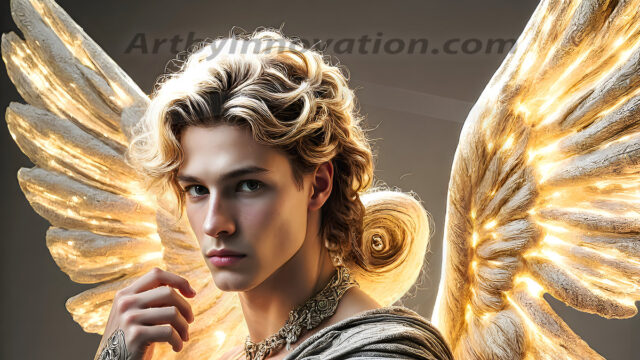 Male Angels of the Holy Divine - The Young & The Beautiful: AI Fantasy Photos of Handsome Male Angels in Elegant Divine Armor, living in the golden city, with Vibrant Holy Wings. AI generated fantasy photos, of handsome male warrior angels, in divine armor with vibrant holy wings. Wearing ethereal or plate holy armor, and glistening golden gilded jewelry, emphasizing his god-like stature, vibrantly colored. Possessing grand feathered wings, that look like swords, these angel warriors are ready to battle on God's command. With men of all ages, races, and body types. In a city of gold, spiritual wonder city in the heavens, with ornate gold buildings, majestic gold architecture, ethereal cityscapes, and mystical waterfalls.