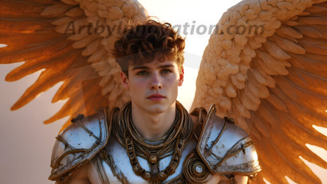 Male Angels of the Holy Divine - The Young & The Beautiful: AI Fantasy Photos of Handsome Male Angels in Elegant Divine Armor, living in the golden city, with Vibrant Holy Wings. AI generated fantasy photos, of handsome male warrior angels, in divine armor with vibrant holy wings. Wearing ethereal or plate holy armor, and glistening golden gilded jewelry, emphasizing his god-like stature, vibrantly colored. Possessing grand feathered wings, that look like swords, these angel warriors are ready to battle on God's command. With men of all ages, races, and body types. In a city of gold, spiritual wonder city in the heavens, with ornate gold buildings, majestic gold architecture, ethereal cityscapes, and mystical waterfalls.