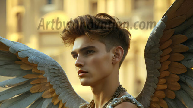 Male Angels of the Holy Divine - The Young & The Beautiful: AI Fantasy Photos of Handsome Male Angels in Elegant Divine Armor, living in the golden city, with Vibrant Holy Wings. AI generated fantasy photos, of handsome male warrior angels, in divine armor with vibrant holy wings. Wearing ethereal or plate holy armor, and glistening golden gilded jewelry, emphasizing his god-like stature, vibrantly colored. Possessing grand feathered wings, that look like swords, these angel warriors are ready to battle on God's command. With men of all ages, races, and body types. In a city of gold, spiritual wonder city in the heavens, with ornate gold buildings, majestic gold architecture, ethereal cityscapes, and mystical waterfalls.