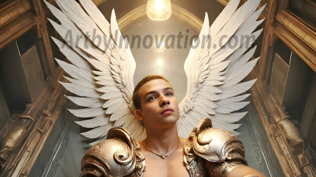 Male Angels of the Holy Divine - The Young & The Beautiful: AI Fantasy Photos of Handsome Male Angels in Elegant Divine Armor, living in the golden city, with Vibrant Holy Wings. AI generated fantasy photos, of handsome male warrior angels, in divine armor with vibrant holy wings. Wearing ethereal or plate holy armor, and glistening golden gilded jewelry, emphasizing his god-like stature, vibrantly colored. Possessing grand feathered wings, that look like swords, these angel warriors are ready to battle on God's command. With men of all ages, races, and body types. In a city of gold, spiritual wonder city in the heavens, with ornate gold buildings, majestic gold architecture, ethereal cityscapes, and mystical waterfalls.
