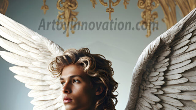 Male Angels of the Holy Divine - The Young & The Beautiful: AI Fantasy Photos of Handsome Male Angels in Elegant Divine Armor, living in the golden city, with Vibrant Holy Wings. AI generated fantasy photos, of handsome male warrior angels, in divine armor with vibrant holy wings. Wearing ethereal or plate holy armor, and glistening golden gilded jewelry, emphasizing his god-like stature, vibrantly colored. Possessing grand feathered wings, that look like swords, these angel warriors are ready to battle on God's command. With men of all ages, races, and body types. In a city of gold, spiritual wonder city in the heavens, with ornate gold buildings, majestic gold architecture, ethereal cityscapes, and mystical waterfalls.
