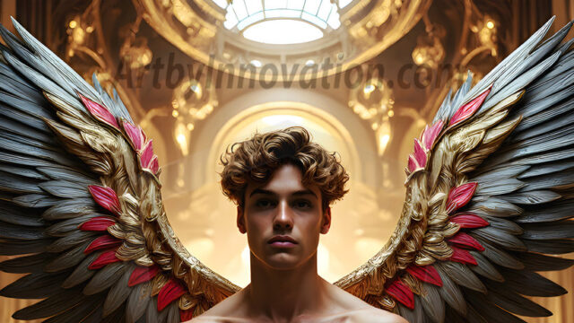 Male Angels of the Holy Divine - The Young & The Beautiful: AI Fantasy Photos of Handsome Male Angels in Elegant Divine Armor, living in the golden city, with Vibrant Holy Wings. AI generated fantasy photos, of handsome male warrior angels, in divine armor with vibrant holy wings. Wearing ethereal or plate holy armor, and glistening golden gilded jewelry, emphasizing his god-like stature, vibrantly colored. Possessing grand feathered wings, that look like swords, these angel warriors are ready to battle on God's command. With men of all ages, races, and body types. In a city of gold, spiritual wonder city in the heavens, with ornate gold buildings, majestic gold architecture, ethereal cityscapes, and mystical waterfalls.
