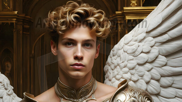 Male Angels of the Holy Divine - The Young & The Beautiful: AI Fantasy Photos of Handsome Male Angels in Elegant Divine Armor, living in the golden city, with Vibrant Holy Wings. AI generated fantasy photos, of handsome male warrior angels, in divine armor with vibrant holy wings. Wearing ethereal or plate holy armor, and glistening golden gilded jewelry, emphasizing his god-like stature, vibrantly colored. Possessing grand feathered wings, that look like swords, these angel warriors are ready to battle on God's command. With men of all ages, races, and body types. In a city of gold, spiritual wonder city in the heavens, with ornate gold buildings, majestic gold architecture, ethereal cityscapes, and mystical waterfalls.