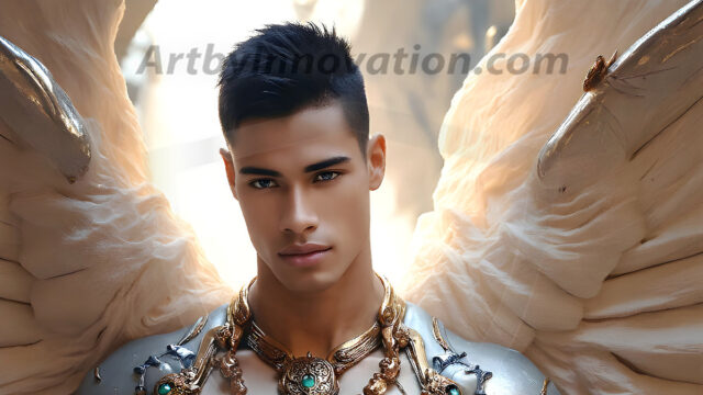 Male Angels of the Holy Divine - The Young & The Beautiful: AI Fantasy Photos of Handsome Male Angels in Elegant Divine Armor, living in the golden city, with Vibrant Holy Wings. AI generated fantasy photos, of handsome male warrior angels, in divine armor with vibrant holy wings. Wearing ethereal or plate holy armor, and glistening golden gilded jewelry, emphasizing his god-like stature, vibrantly colored. Possessing grand feathered wings, that look like swords, these angel warriors are ready to battle on God's command. With men of all ages, races, and body types. In a city of gold, spiritual wonder city in the heavens, with ornate gold buildings, majestic gold architecture, ethereal cityscapes, and mystical waterfalls.