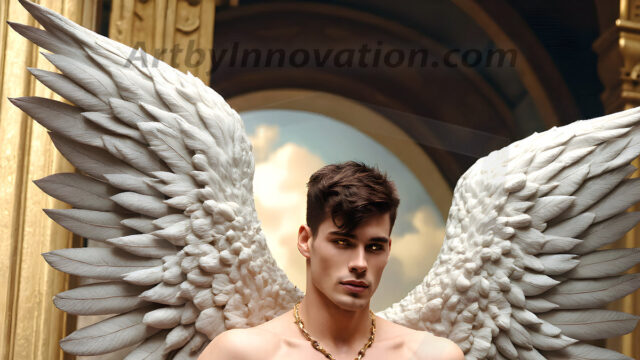 Male Angels of the Holy Divine - The Young & The Beautiful: AI Fantasy Photos of Handsome Male Angels in Elegant Divine Armor, living in the golden city, with Vibrant Holy Wings. AI generated fantasy photos, of handsome male warrior angels, in divine armor with vibrant holy wings. Wearing ethereal or plate holy armor, and glistening golden gilded jewelry, emphasizing his god-like stature, vibrantly colored. Possessing grand feathered wings, that look like swords, these angel warriors are ready to battle on God's command. With men of all ages, races, and body types. In a city of gold, spiritual wonder city in the heavens, with ornate gold buildings, majestic gold architecture, ethereal cityscapes, and mystical waterfalls.