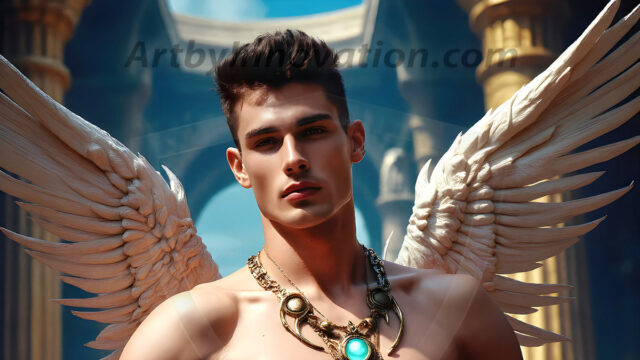 Male Angels of the Holy Divine - The Young & The Beautiful: AI Fantasy Photos of Handsome Male Angels in Elegant Divine Armor, living in the golden city, with Vibrant Holy Wings. AI generated fantasy photos, of handsome male warrior angels, in divine armor with vibrant holy wings. Wearing ethereal or plate holy armor, and glistening golden gilded jewelry, emphasizing his god-like stature, vibrantly colored. Possessing grand feathered wings, that look like swords, these angel warriors are ready to battle on God's command. With men of all ages, races, and body types. In a city of gold, spiritual wonder city in the heavens, with ornate gold buildings, majestic gold architecture, ethereal cityscapes, and mystical waterfalls.