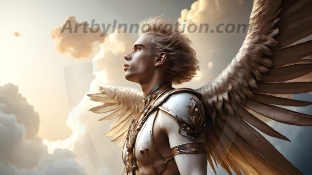 Male Angels of the Holy Divine - The Young & The Beautiful: AI Fantasy Photos of Handsome Male Angels in Elegant Divine Armor, living in the golden city, with Vibrant Holy Wings. AI generated fantasy photos, of handsome male warrior angels, in divine armor with vibrant holy wings. Wearing ethereal or plate holy armor, and glistening golden gilded jewelry, emphasizing his god-like stature, vibrantly colored. Possessing grand feathered wings, that look like swords, these angel warriors are ready to battle on God's command. With men of all ages, races, and body types. In a city of gold, spiritual wonder city in the heavens, with ornate gold buildings, majestic gold architecture, ethereal cityscapes, and mystical waterfalls.